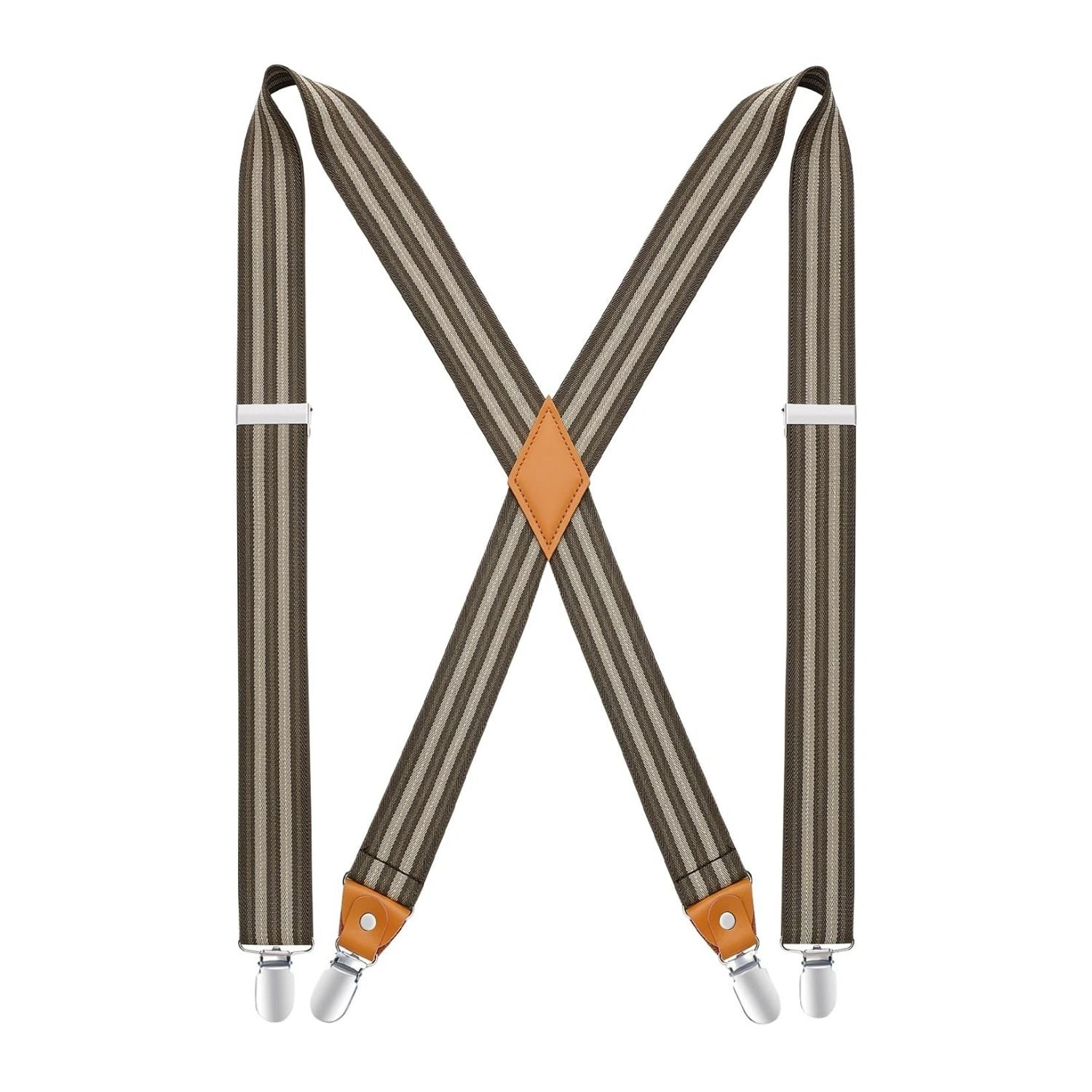 "Bistíocht ísealach 1.4 pulsanaithe le 4 feithil - Beagán béiste donn." (约等于: Adjustable suspenders 1.4 inch with 4 clips - a subtle brown color.)